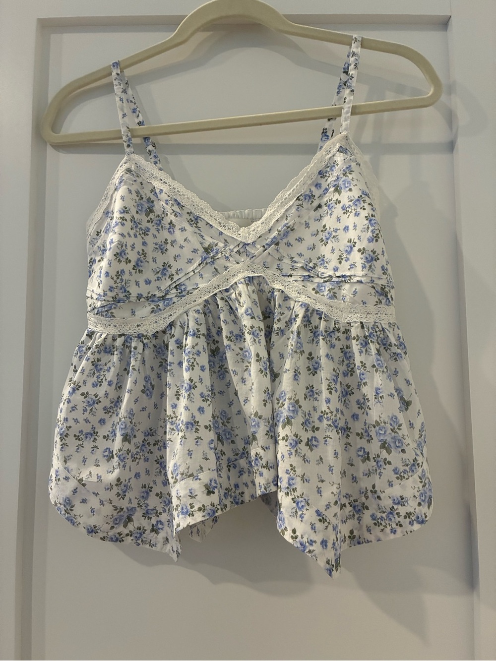 Hollister White Cami with Blue Floral Print and Lace Trim